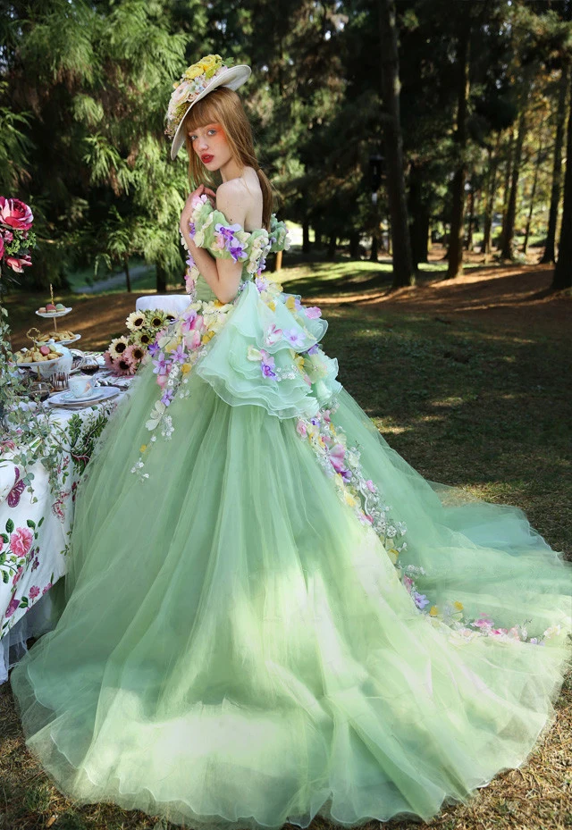 Floral Fluffy Tulle Fairy Bridal Dress Lace Up Back Bridal Gowns 3D Flowers  | eBay