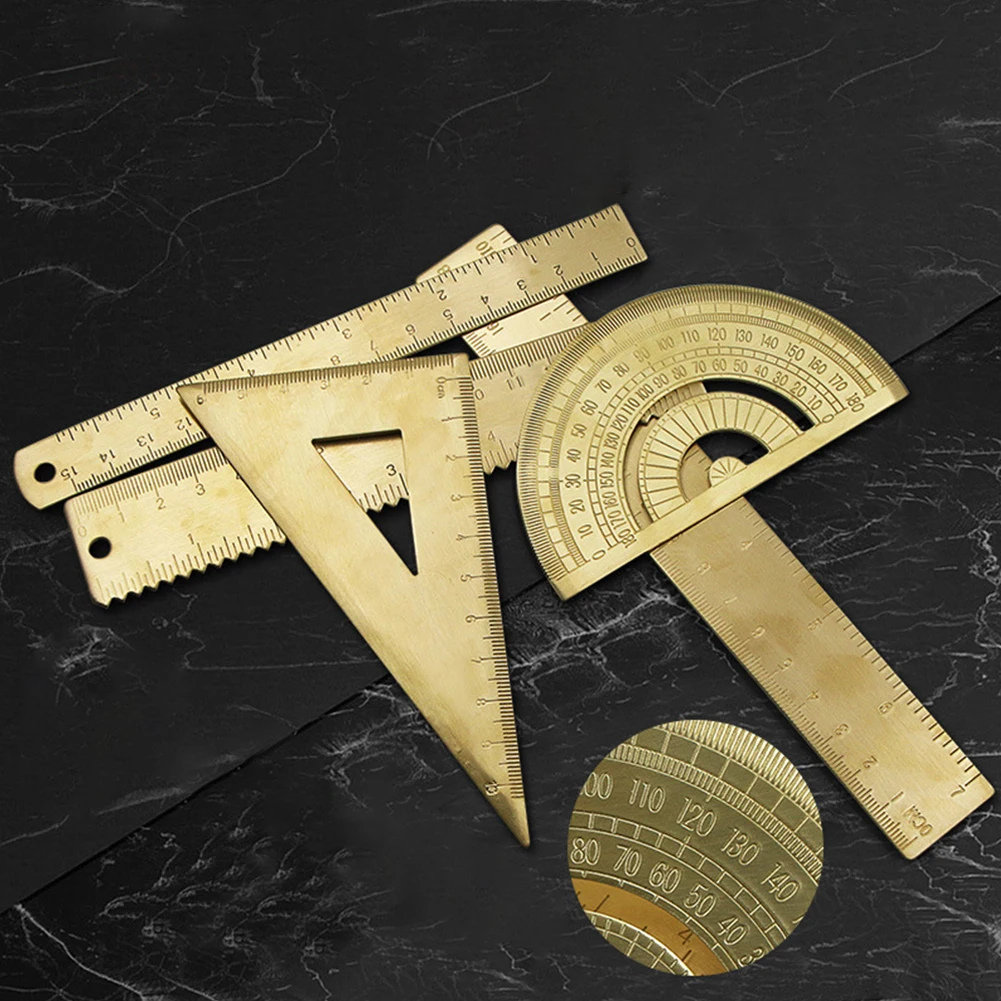 Mini Retro Brass Ruler Triangle Ruler Protractor Measure Tools Cartography Ruler Geometric Metal Drawing Kit Bookmark Stationery 5