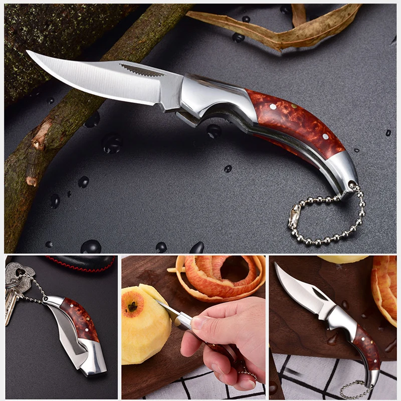 Stainless Steel Cut Fruit Knife Wooden Handle Folding Knife Household Melon Fruit Paring Vegetables Pocket