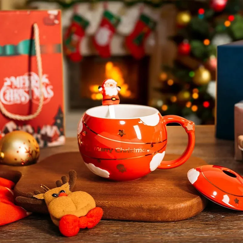 Creative cartoon Santa Claus spherical water cup with lid spoon mug Blue/Red household large-capacity ceramic cup Christmas cups