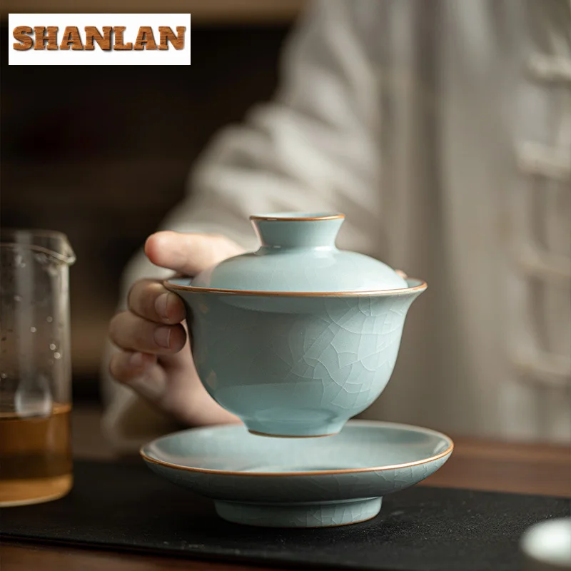 145ml Azure Ru Kiln Ice Cracked Glaze Gaiwan Handmade Copper Coin Base Tea Tureen Tea Brewing Cover Bowl Teaware Decoration Gift