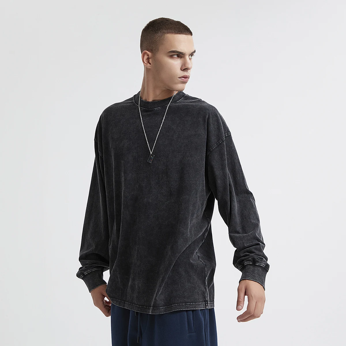 Rundhalsausschnitt Übergroßes Sweatshirt Herren Baggy Fit Langarm T-Shirts Vintage Acid Wash T-Shirt Basic Solid Color Tee Streetwear Y2k