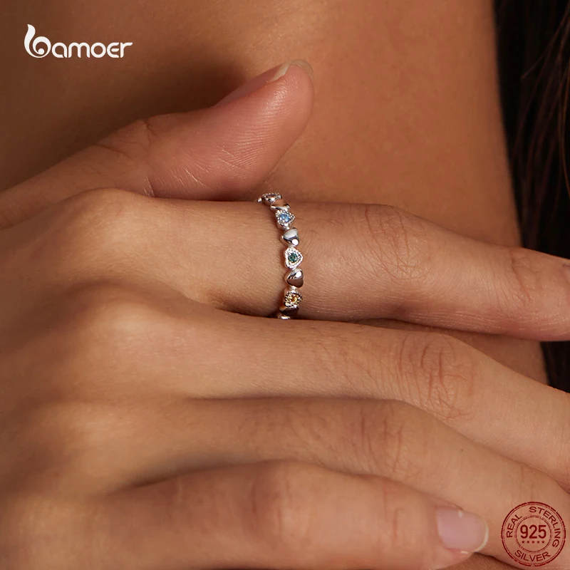 Silver Heart Ring Silver Rings Silver Ring Wedding Rings Bamoer Genuine 925 Sterling Silver Fashion Rainbow Heart Ring for Women