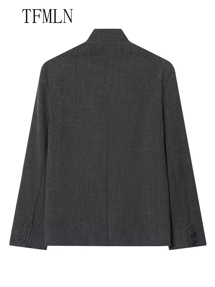 Fashion Women Loose Blazer Jackets 2025 Autumn Office Ladies Single Button Pockets Chic Coats Retro Long Sleeve Asymmetrical Top