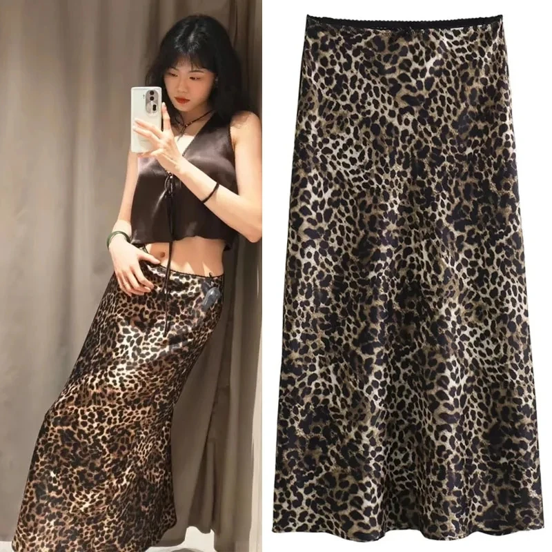 

TRAF Animal Print Midi Skirt For Women Satin Aesthetic Skirts Woman Fashion Mid-Rise Long Skirt Female Elasticated Waist Skirts