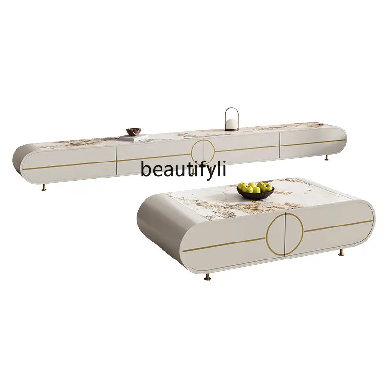 

zqStone Plate TV Cabinet And Tea Table Combination Modern Minimalist Living Room Home Floor Light Luxury Coffee Table TV Cabinet