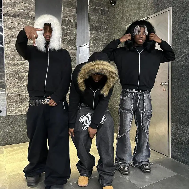 Y2K Zip up hoodie Faux Fur Collar Harajuku Rock Goth Top Retro Punk Loose Jacket Hip Hop Streetwear Zipper Hoodie sweatshirt EMO 5