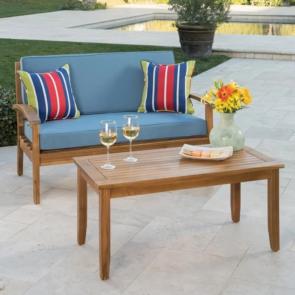 

Wood Loveseat and Coffee Table Set With Water Resistant Cushions Garden Furniture Sets Teak Finish Freight Free Outdoor Chair