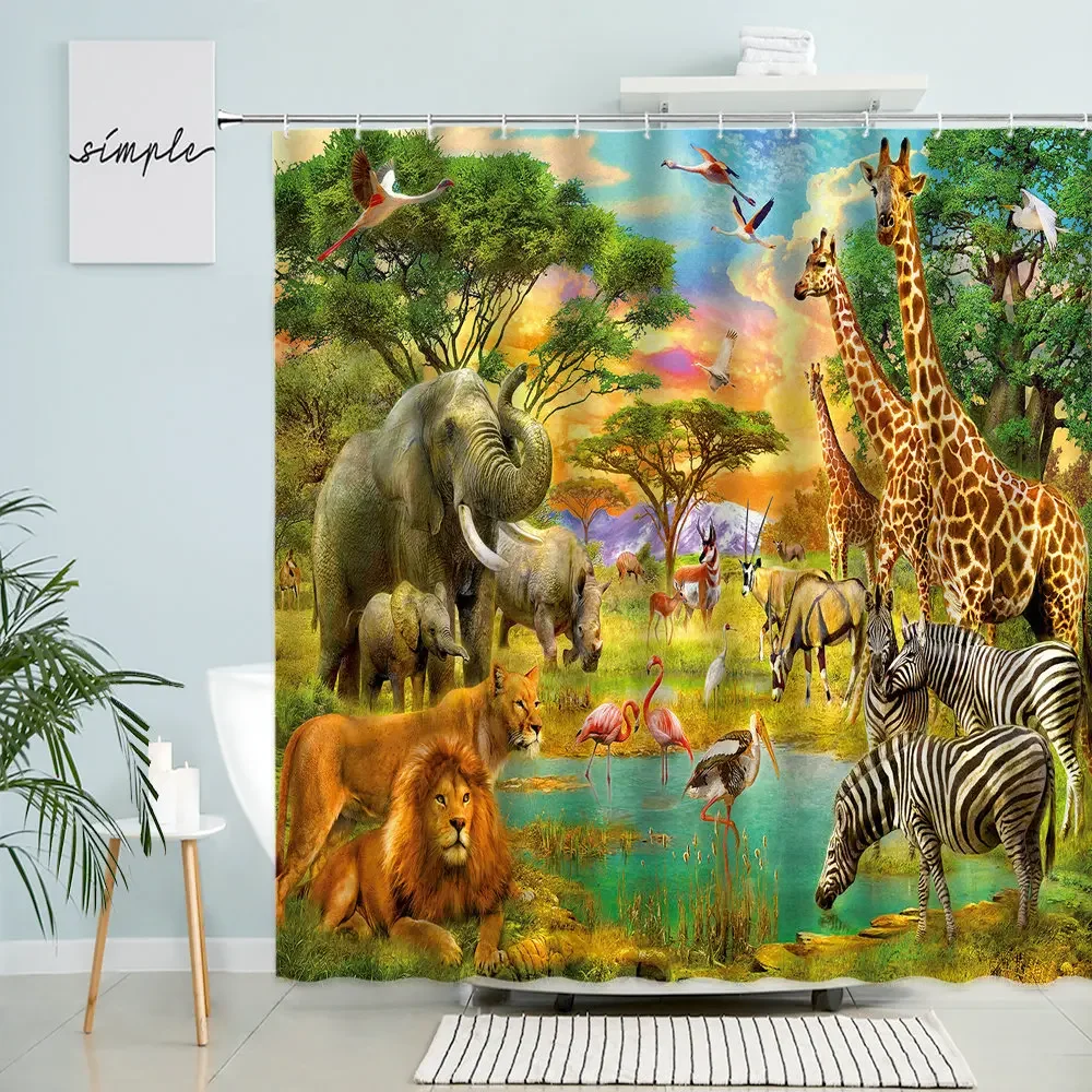 

Wildlife Animal Scenery Shower Curtain Elephant Lion Leopard Flamingo Giraffe Primeval Forest Child Bathroom With Hooks Screen