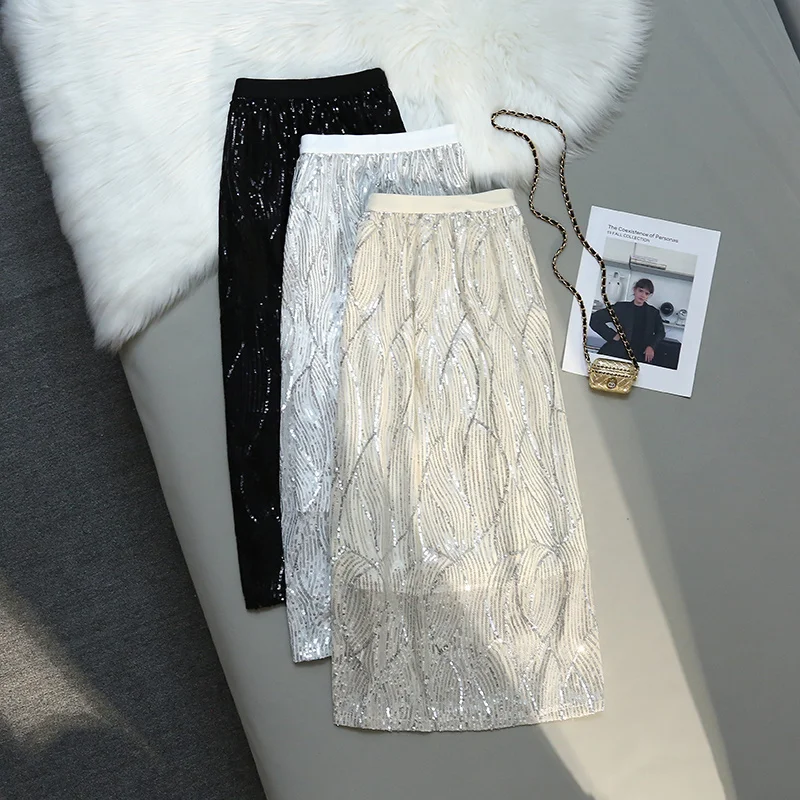 

High Waist Elegant Sequined Women's Long Skirts 2023 New Spring Summer Solid Korean Style Umbrella A-Line Party Skirts Female