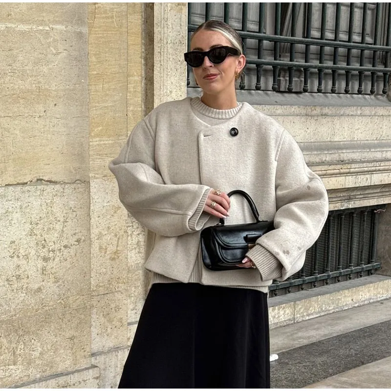 Elegant Solid Woolen Blend Jacket For Women Fashion Button O-neck Long Sleeve Coat New Autumn Winter Commute Warm Outwear