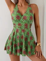 2025 Floral Printed Strappy Swimwear Women One Piece Criss Cross Back Swimsuit Dress Bathers Bathing Swimming Suit Beachwear - Image 2