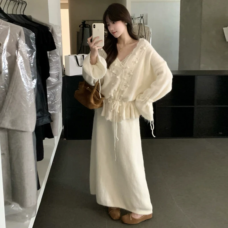 임산부를 위한 한국 스타일 루즈핏 투피스 수트, 겨울 컬렉션 슬리밍 오픈 가디건 스웨터와 미니스커트