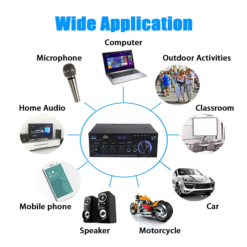 Audio Amplifier AK35/AK45 800W Home Power Amplifier 2 Channel Bluetooth 5.0 Mini Hifi Digital Stereo Sound Support FM USB SD Mic input
