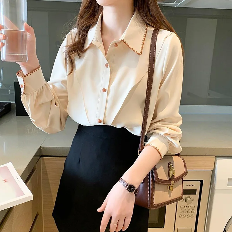 Office Lady Solid Color Chiffon Shirt Women's 2023 Autumn Turn-down Collar Embroidery Long Sleeve Loose-fitting Chic Blouse