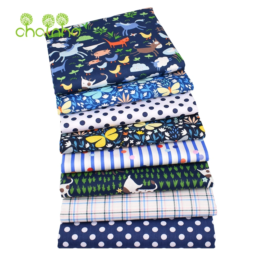 Chainho,Printed Twill Weave Cotton Fabric,Patchwork Cloth,DIY Sewing Quilting Material,Blue Farm Series,4 Specification,CC204