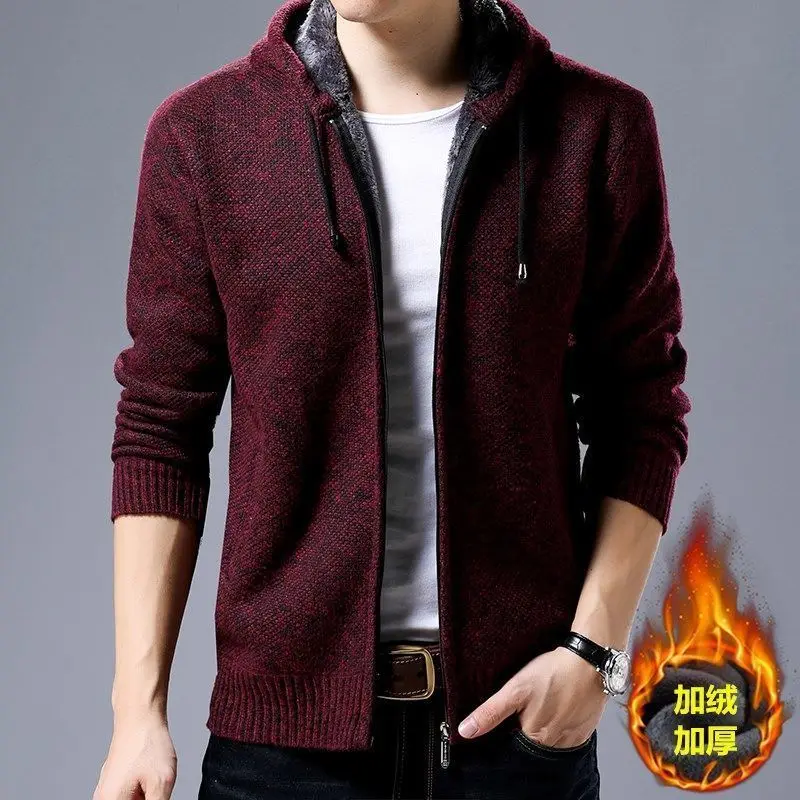 2023 Winter New Men's Solid Color Hooded Baseball Neck Knitted Coat Autumn Multi Color Zipper Jacket Loose Casual Versatile Top