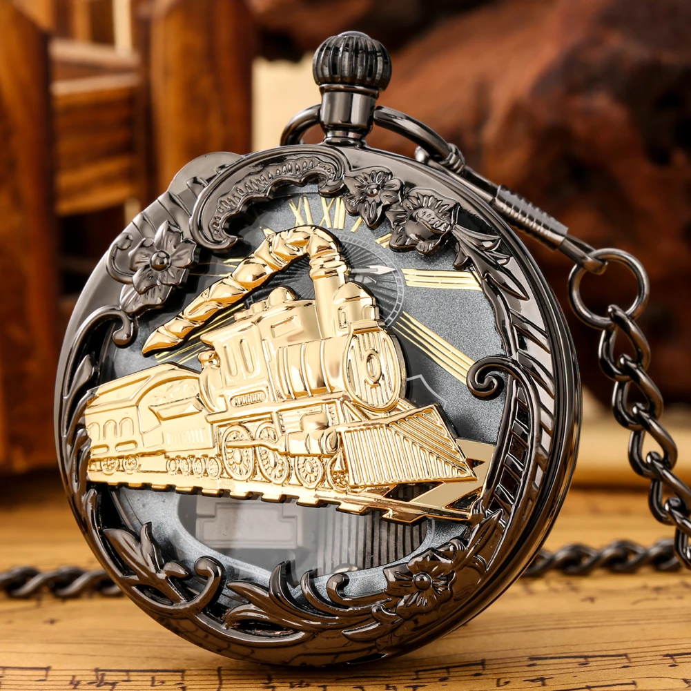 Hollow Hand Crank Musical Quartz Pocket Watch Playing Music Fob