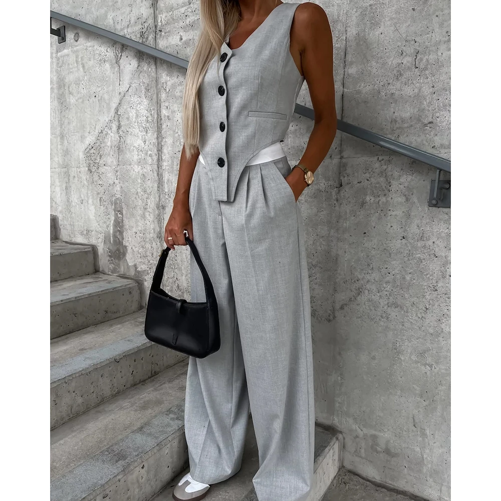 

Autumn Women Striped Colorblock Sleeveless Vest Top & Ruched Pants Set 2023 Femme Casual Skinny Outfits Office Streetwear