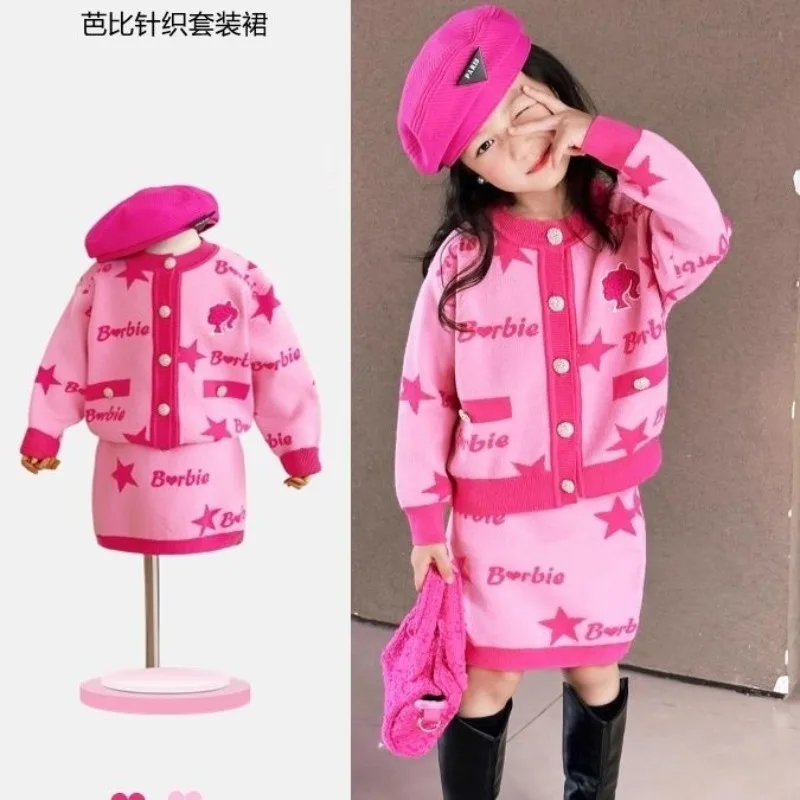 

Girls' Autumn and Winter Two Piece Set Skirt Cardigan Sweater+Short Skirt Children's Barbie Doll Pink Set