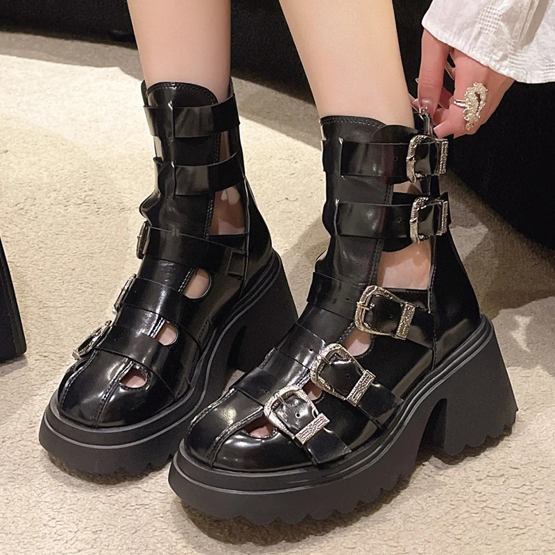 

Gothic Buckle Platform Ankle Boots Women Cut Out Pu Leather Motorcycle Boots Woman 2023 Autumn Back Zipper Chunky Heel Booties