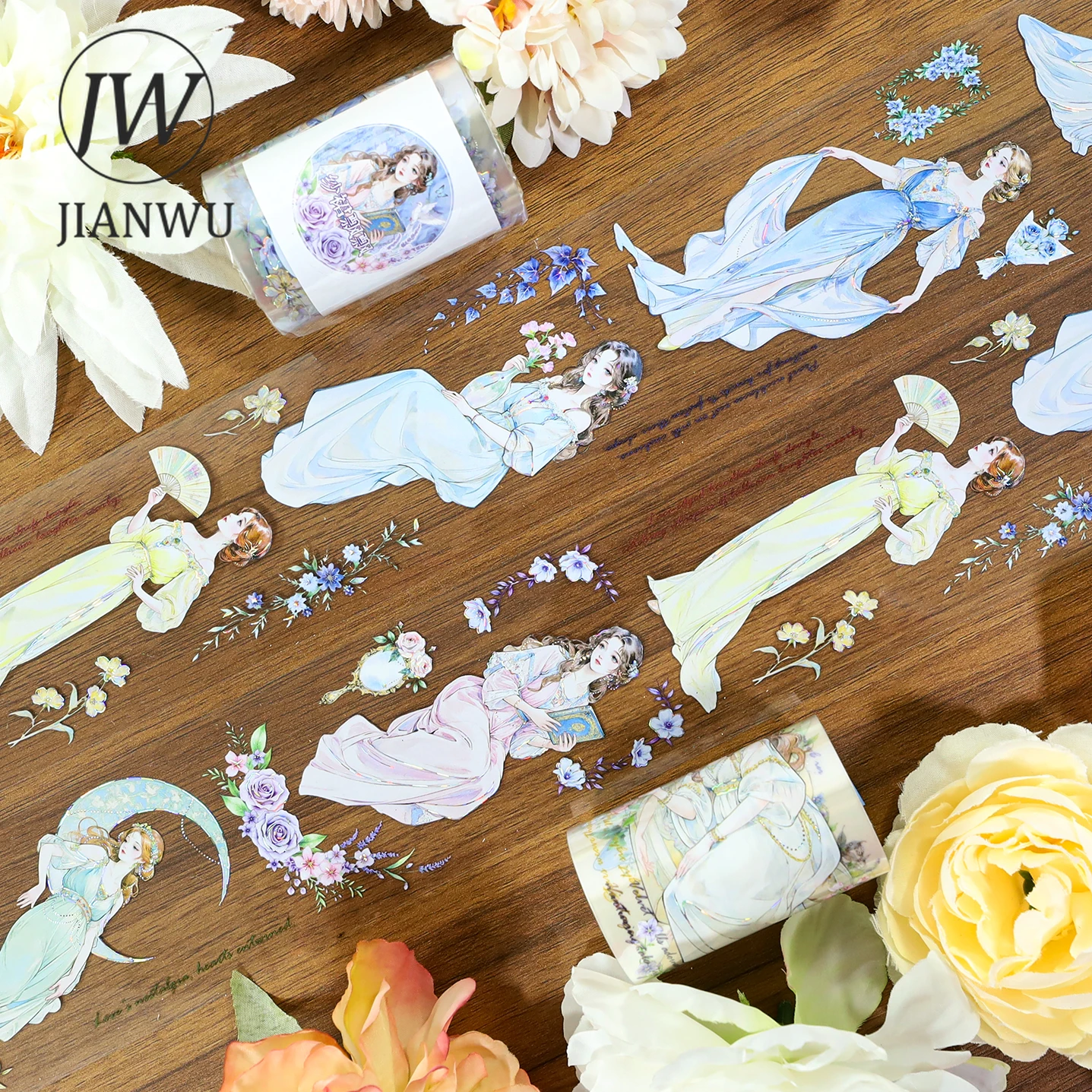JIANWU 60mm * 200cm 빈티지 소녀 꽃 캐릭터 풍경 소재 콜라주 스크랩북 PET 테이프 크리 에이 티브 DIY 저널 문구