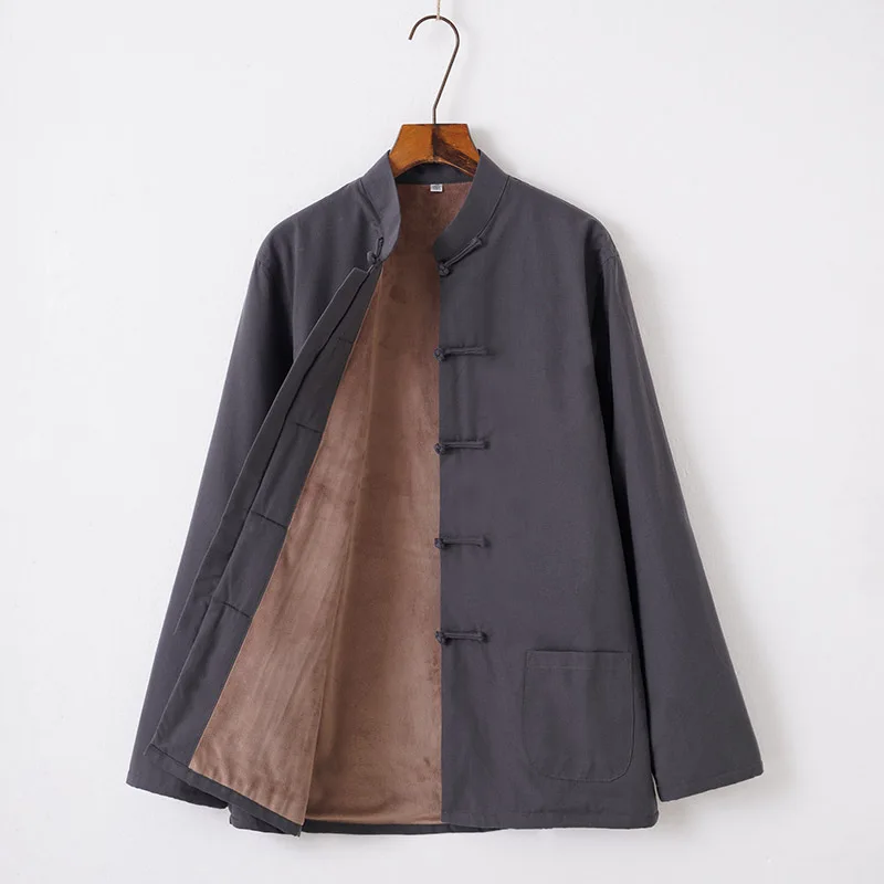 Men's Casual Jacket Autumn Winter Plus Velvet Kung Fu Coat Traditional Chinese Tang Suit Coat Tai Chi Uniform Cotton Tops