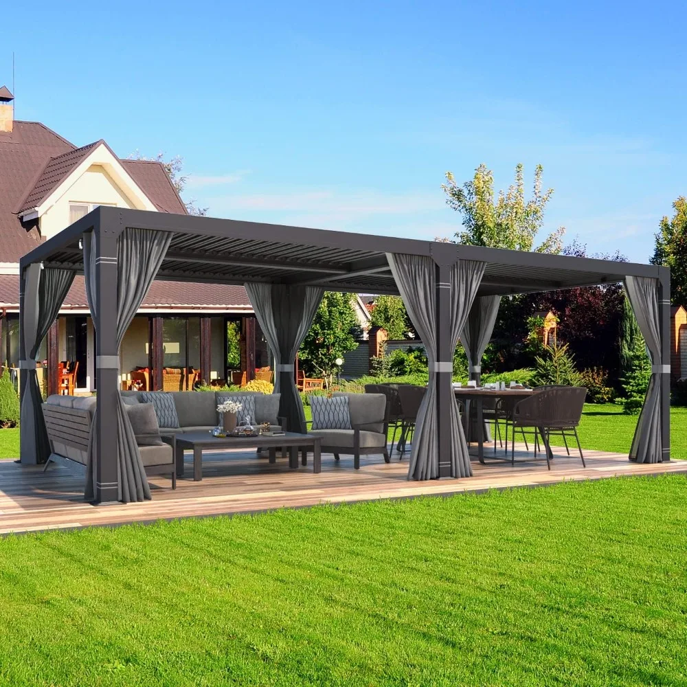 

Patio Gazebo, Louvered Pergola 10x20 with Adjustable Louvered Roof, Waterproof Curtains and Nets, Gray Garden Gazebo