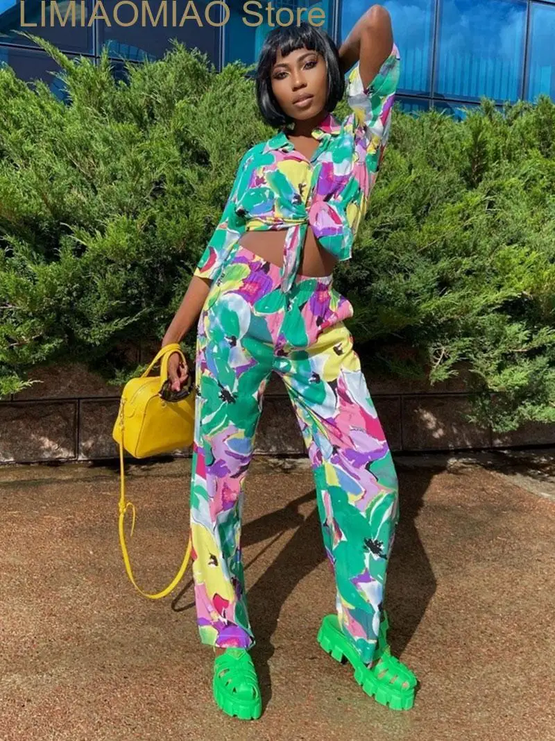 New Printed Two Piece Set For Women Outfits Button Down Short Sleeve Summer Women's 2 Piece Sets