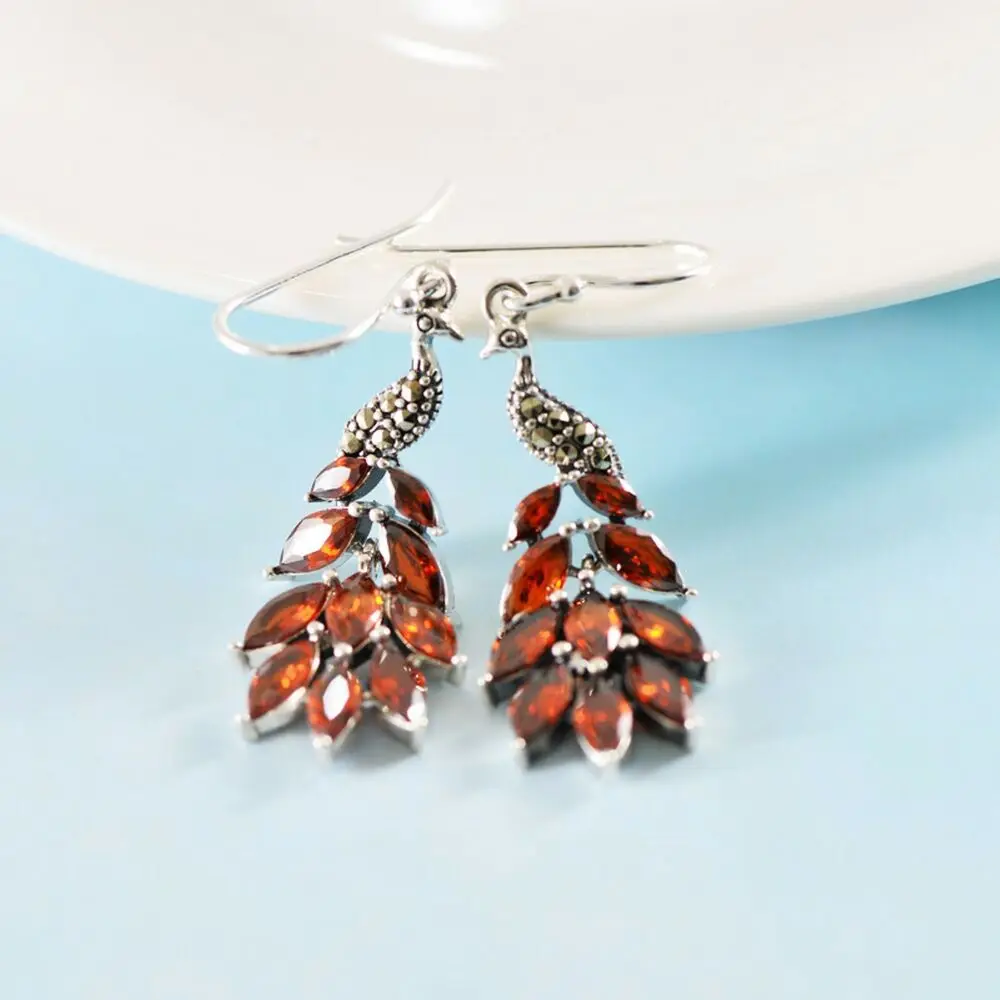 

Pure S925 Sterling Silver Dangle Women Gift Lucky Red Zircon Peacock Earrings
