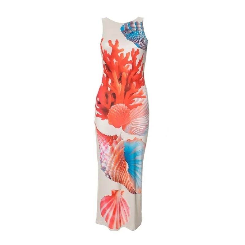Vintage ärmelloses Sommerkleid Ocean Print Slim Fit Streetwear hoch taillierte Rundhals ausschnitt Medium Y2k Kleid für Damen bekleidung – Detail 1