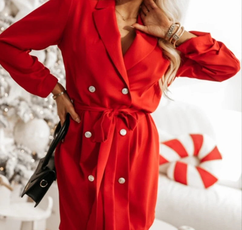 

Blazer Dresses for Woman Autumn/winter New Solid Tie Up Adjustable Waist Double Breasted Loose Patchwork Long Sleeve Suits Dress
