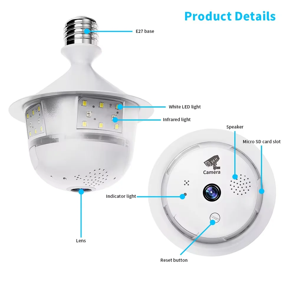 5MP Wifi 360 Panoramic Fisheye Indoor IP CCTV Bulb Security Camera Full Color Night Vision Two-Way Voice Wireless Auto Tracking 4