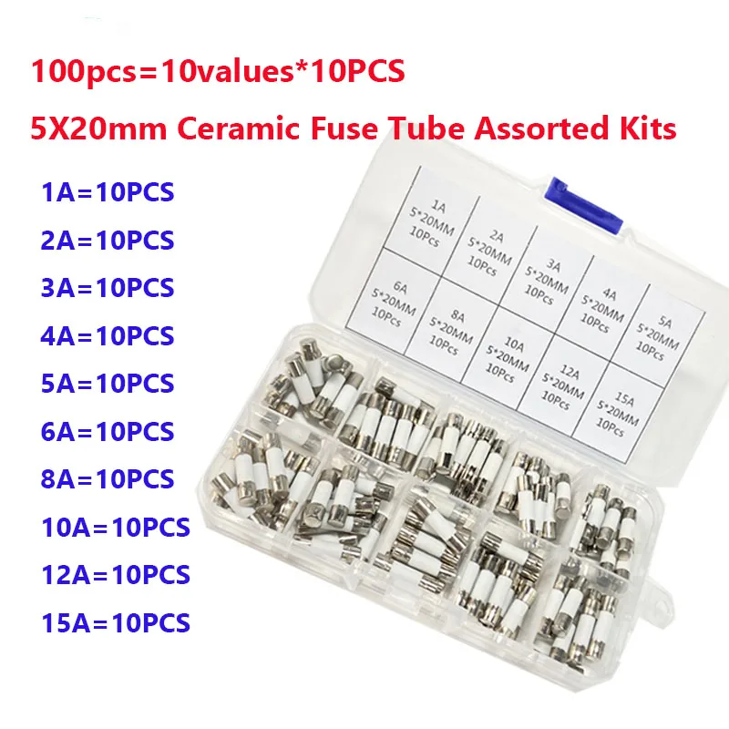 100Pcs/Box 5X20mm Ceramic Fuse Tube Assorted Kits 10Values*10PCS Fast Blow  5*20 250V 1A 2A 3A 4A 5A 6A 8A 10A 12A 15A