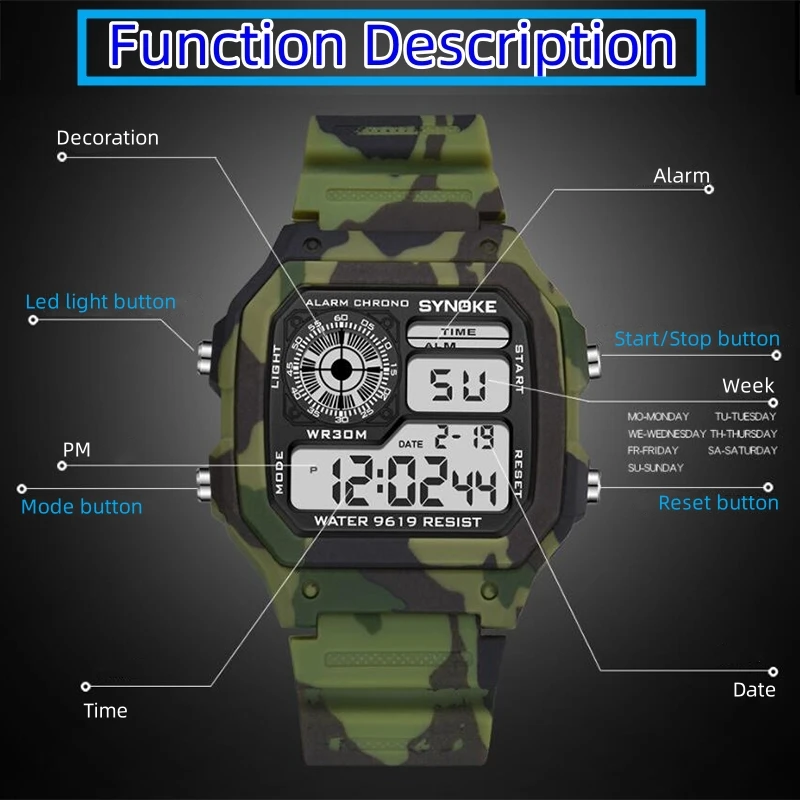 Synoke Shockproof Men's Sport's Watch Fashion 30M Waterproof Swimming Digital Wristwatch Colorfully Led Light Male Alarm Clock 3