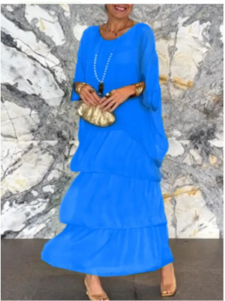 فستان نسائي أنيق من الشيفون أحادي اللون ، فتحة رقب...