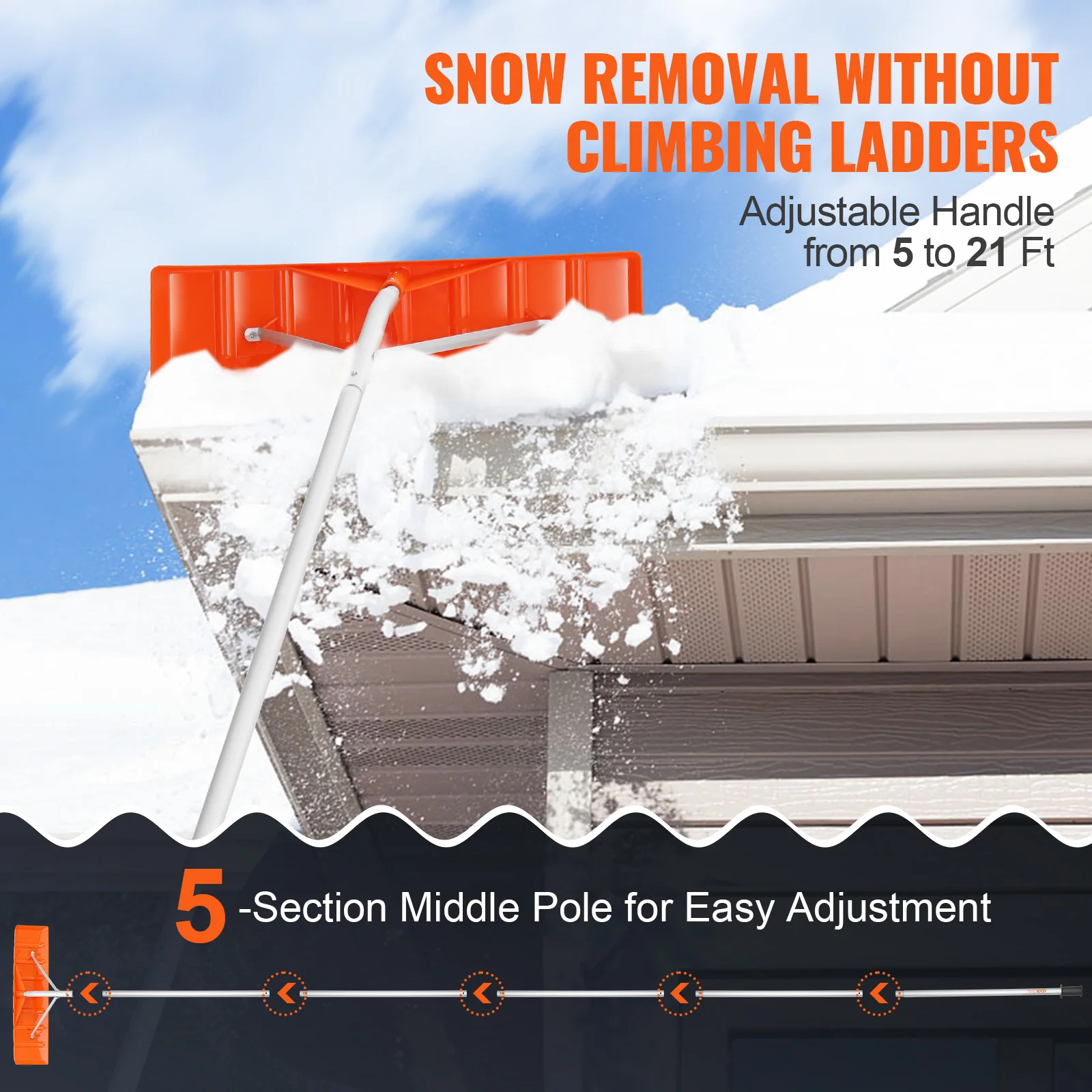 VEVOR 21ft Snow Roof Rake 25" Plastic Blade Snow Removal Tool  with Anti-Slip Retractable Handle Grip for House Roof/Car Snow 4