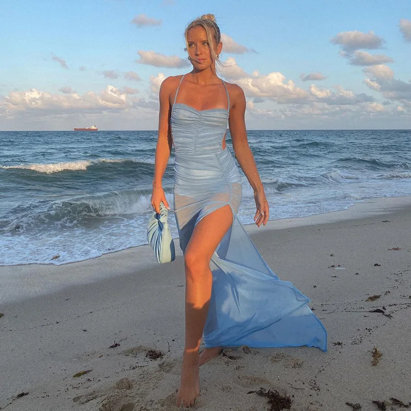 

Прозрачное Сетчатое платье с открытой спиной, лето 2023, платья с открытыми плечами, пляжные праздничные наряды, длинное сексуальное синее Макси-платье с высоким разрезом