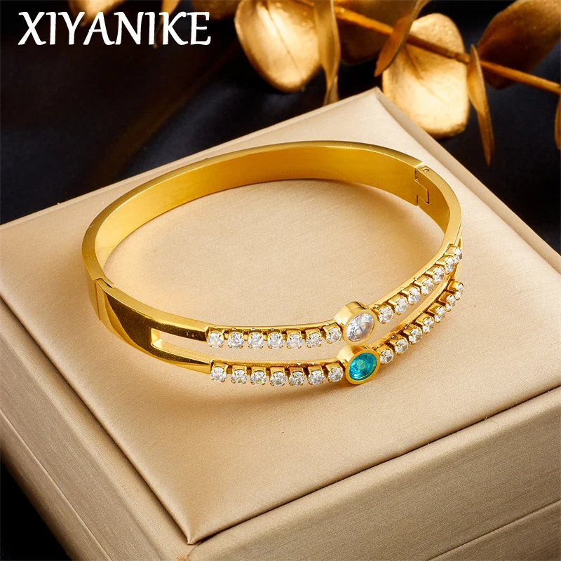 

XIYANIKE 316L Stainless Steel Gold Color Luxury Double Layer Zircon Bangles & Bracelet For Women Couple Valentine Exquisite Gift