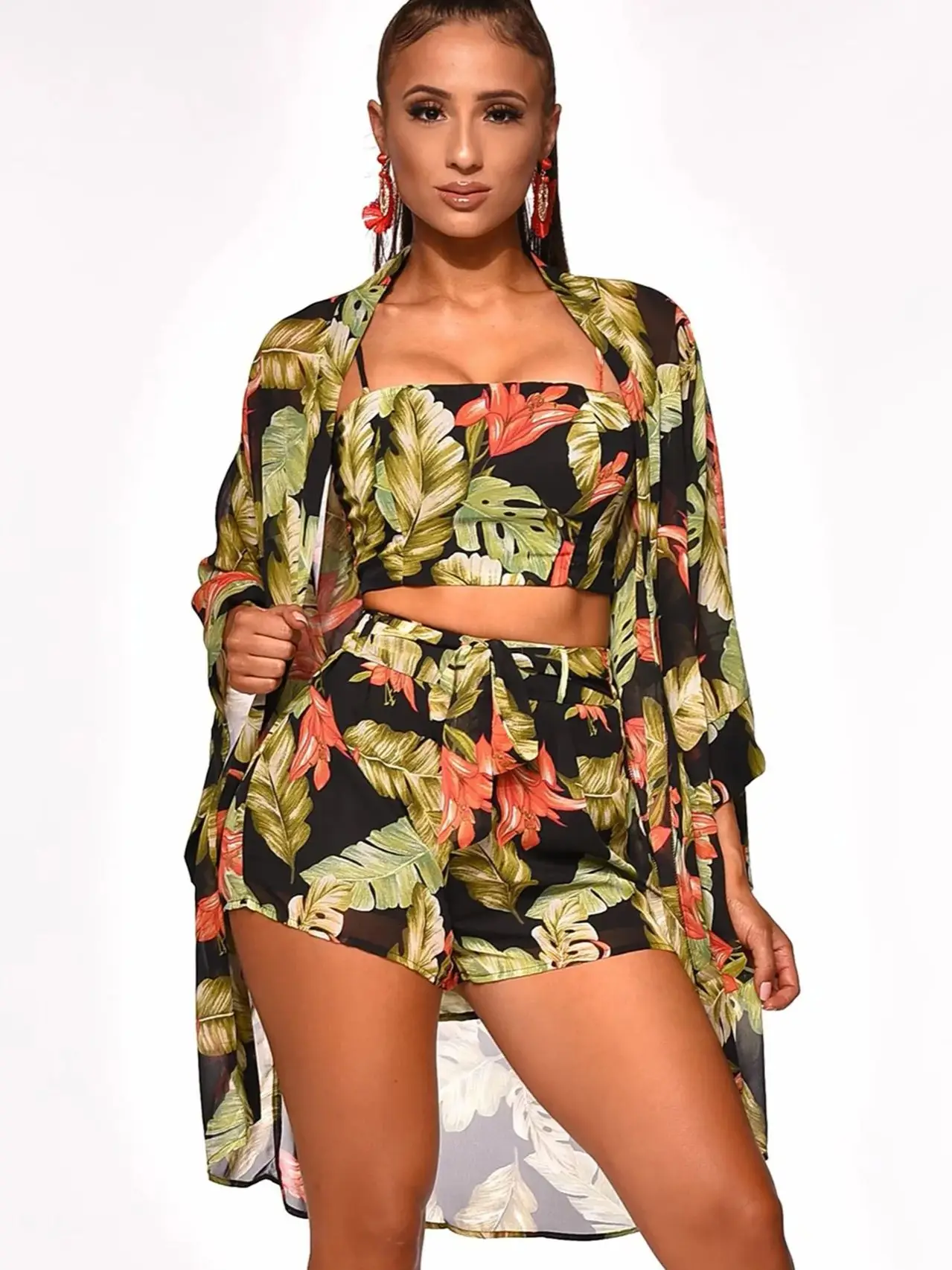 luxury Chiffon Soft bikini 3Pieces Set Cover-Ups bikinis Flower Vacation Beach With Slits  Stretchy Mesh Women\'s Summer Dress