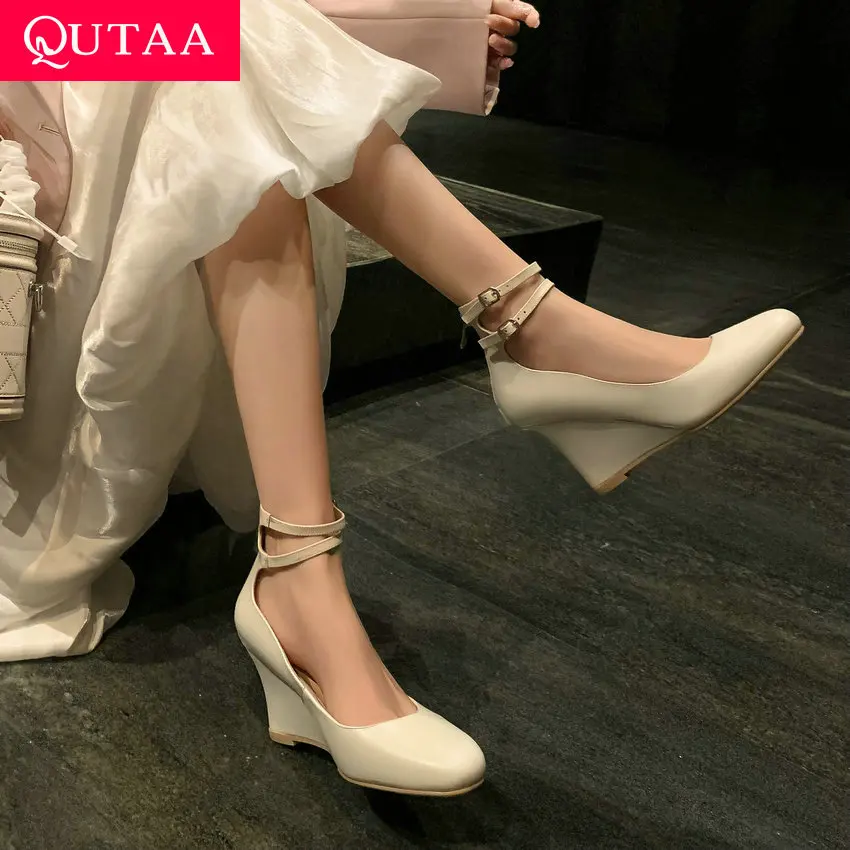 

QUTAA 2024 Fashion Women Pumps Wedge High Heels Genuine Leather Shoes Woman Spring Summer Ankle Strap Party Wedding Size 34-39