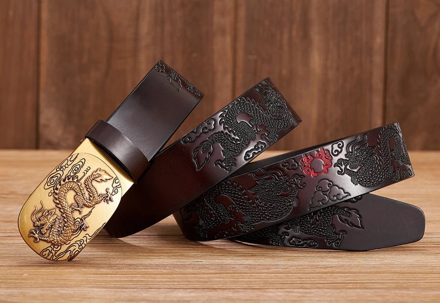 Male Genuine Leather Belts Casual Ratchet Belt with Automatic Buckle Luxury Design Dragon Pattern Belts for Business Men Strap