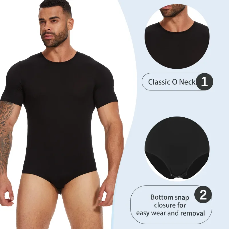Men Bodysuits Shapewear Bodysuit for Men Tummy Control Flat Belly Leotard Short Underwear Round Neck Undershirt Soft Breathable Sleepwear