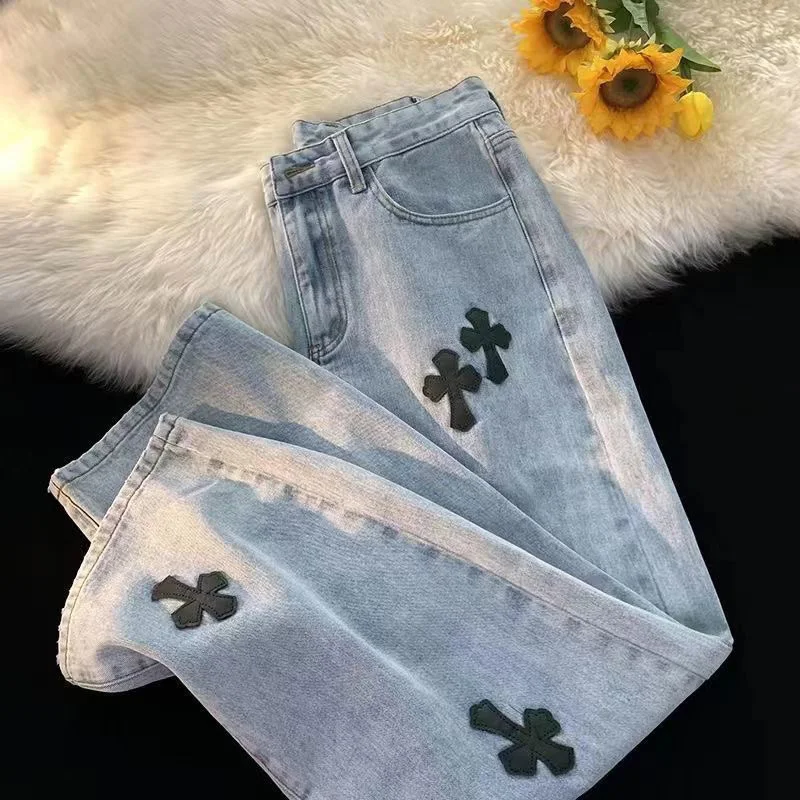 

Y2k American hip hop cross Pattern Gothic Jeans couple Punk Harajuku Straight Leg Wide legs Retro vintage Jeans Pants