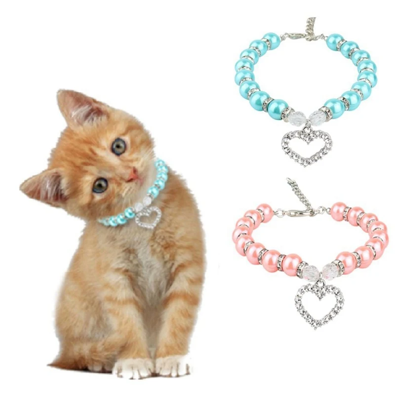 

50Pcs/Lot Dog Collar Necklace New Diamante Heart Rhinestone Pendant Pearl Necklace Collar Pet Jewelry Accesorios