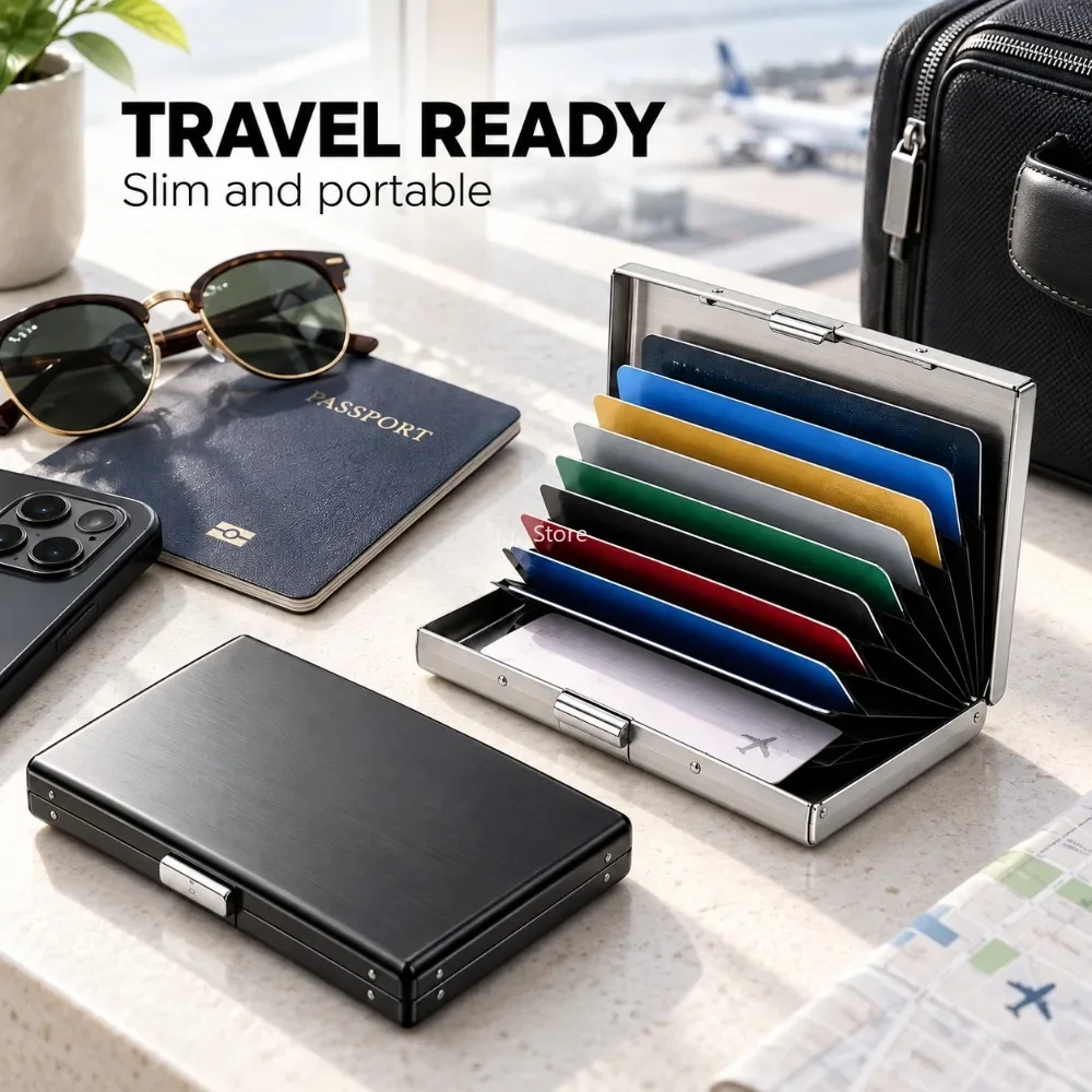 Sleek Stainless Steel RFID Blocking Card Holder - 10 Slot Slim Wallet for Secure Travel Essentials