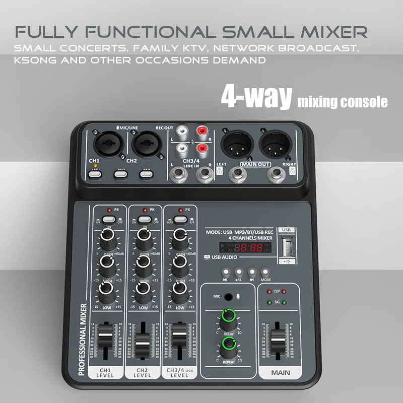Audio Mixer 4 channel Dj Mixing Console Bluetooth 48V Phantom Power Monitor Karaoke Systeem Usb