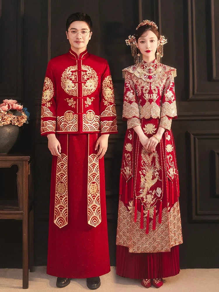 Bride Red Embroidery Qipao Wedding Dress Retro Chinese Style Cheongsam