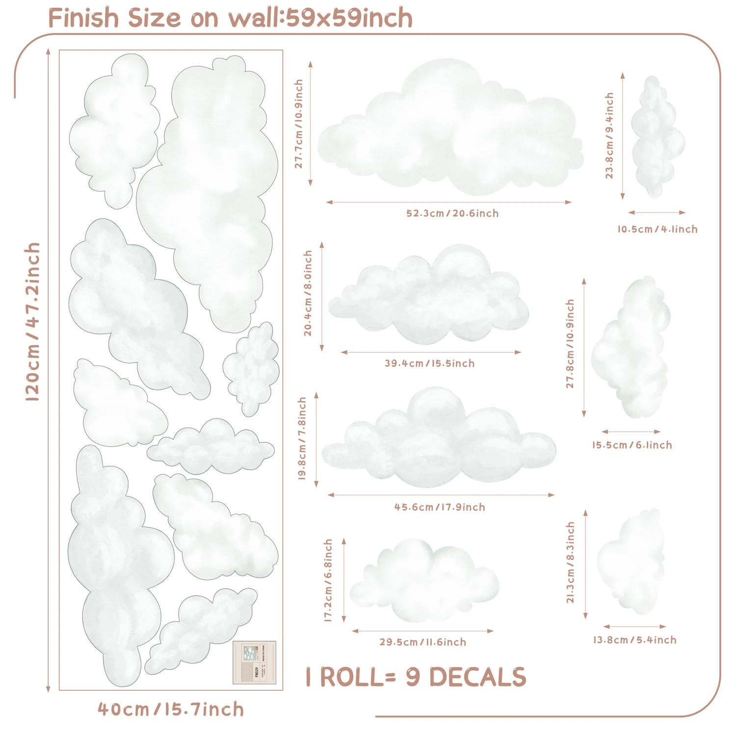 Boho 9-teiliger großer Wolken-Wandaufkleber aus Stoff, Aquarellwolken zum Abziehen und Aufkleben, Heimdekoration für Kinderzimmer, Kinderzimmer, Decke, einfach abnehmbar – Detail 1
