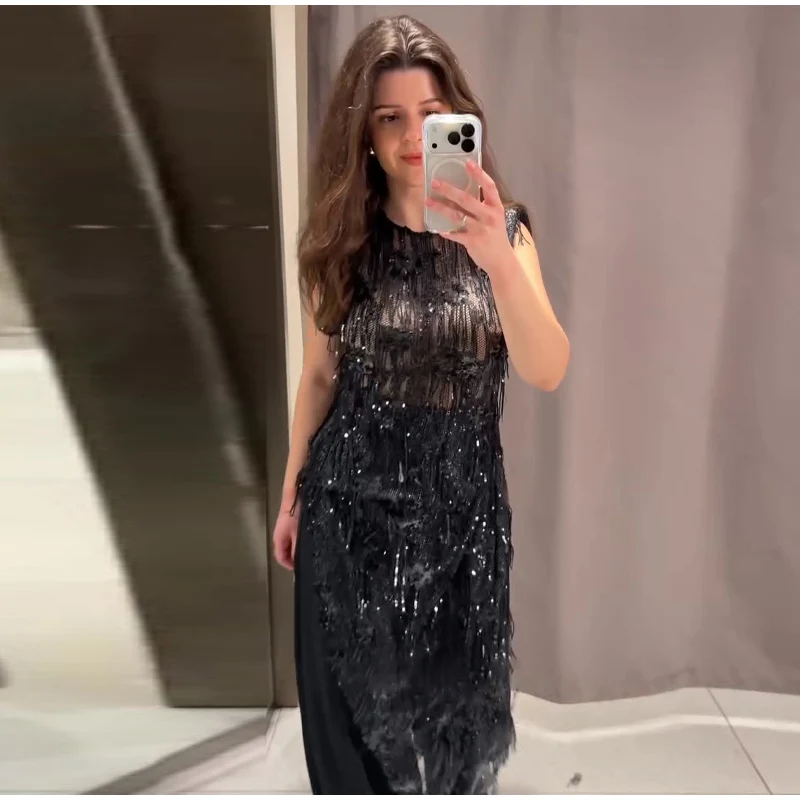 Ärmelloses Damen-Abendkleid mit Pailletten und Quasten, asymmetrischer Saum, transparente Kleider 2026, weibliche Nachtausflüge, formelle Anlässe – Detail 29